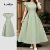 Lovito Vestido Elegante com Trança e Babados para a Primavera/verão Azul para mulheres L184LD581