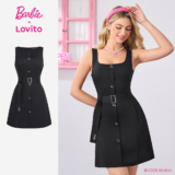 Barbie™ X Lovito Vestido Casual Cinto Botões Primavera/Verão Preto para Mulheres DRBL3PAD040