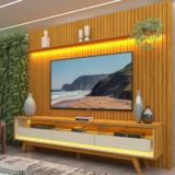 Rack com Painel Ripado para TV até 90 Polegadas com LED 100% MDF 229cmx250cm Pés em Madeira Maciça Elegance Yescasa