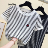 Lovito Camiseta Feminina Casual Estampada Com Listras E Gola Contrastante LNE39558 (multicolorida)