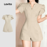 Lovito Macacão Elegante com Botões Linha Cor Bege Claro Macacão feminino. L171AD090