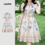 Lovito Vestido Boho com cinto estilo nacional vestido primavera/verão para mulheres LK3ED163