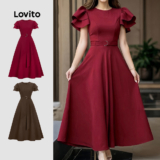 Lovito Vestido Elegante com Cinto de Dupla Camada Primavera/verão Vinho Tinto para mulheres L155ED434