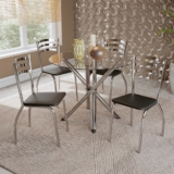 Conjunto Sala de Jantar 1 Mesa Tampo Vidro Redondo 4 Cadeiras Portugal Cromado/Preto