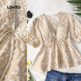 Lovito Blusa elegante com babados primavera/verão blusa damasco para mulheres LK3LD358