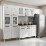 Cozinha Completa de Aço 4 Peças Decoradas com Paneleiro e Balcão com Tampo Mirage New Branco Branco