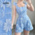 Lovito Macacão Elegante com Amarração Primavera/verão Macacão Azul para mulheres L154LD401