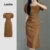 Lovito Vestido Elegante Pleated Primavera/verão Vestido Marrom para mulheres L155ED138