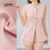 (Lovito Refine) Conjuntos Elegantes de Shorts com Botão  Bolso Falso  Primavera/verão  Blusa Rosa e Shorts LR13E213
