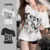 Lovito Casual Carta Falsa 2 Em 1 Padrão Ombro Frio Plissado Primavera/Verão Camiseta Branca Para Mulheres L136AD148