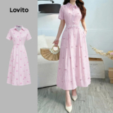 Lovito Vestido Casual de Botão para Primavera/verão Vestido Rosa para mulher L157ED1119