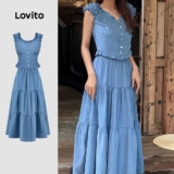 Lovito Blusa Ou Calça Azul Casual Com Babados E Toque Suave Para Todas As Estações Para Mulheres LBL26013