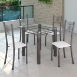 Conjunto de Jantar Mesa 75x75cm Tampo de Vidro Incolor com 4 Cadeiras Sara Yescasa Branco/Prata