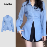 Lovito Blusa Casual com Zíper Outono/inverno Blusa Azul para Mulheres L166AD989