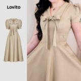 (NEW) Lovito Vestido Casual com Laço Primavera/verão Camurça para Mulheres L149ED1223
