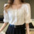 Lovito Blusa Casual Simples Ilhó Bordado Pérola Fivela Contraste Blusas De Renda Para Mulheres LNE16069 (Branco)