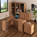Conjunto Escritório 6 Peças com Mesa para em L, Balcão, Gaveteiro, Armário Multiuso Alto e 2 Estantes Amêndoa