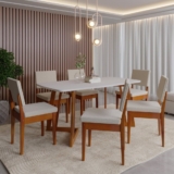 Conjunto para Sala de Jantar Tampo Oval 170cm com 6 Cadeiras Madeira Maciça Miami Caramelo/Off White