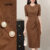 (New) Lovito Vestido Elegante com Babados para Primavera/verão Vestido Marrom para mulheres L150ED093