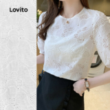 Lovito Blusa Casual Ilhó Bordado Lazer Estrutura Linha Primavera/Verão Blusa Branca Para Mulheres L135ED413