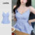 Lovito Blusa Casual de Primavera/verão com Pregas Babados e Azul para mulheres L149LD104