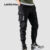 Lovito Men Calça Cargo Casual com Bolso de Corda para Todas As Estações Preta para Homens LNE114099