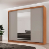 Guarda-roupa Casal 100% Mdf 3 Portas de Correr 4 Gavetas 6 Prateleiras com Espelho Chile Naturalle/Off White