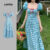 Vestido xadrez azul contrastante vermelho com manga bufante lateral-DRB149PBD592