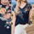 (New) Lovito Camisa Casual de Estilo Nacional Primavera/verão T-shirt Azul para Mulheres L150ED444