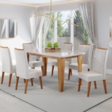 Mesa de Jantar Retangular Dakar 1,60×90 com Vidro e 6 Cadeiras Vegas em Madeira Maciça MelOff WhiteMarfim
