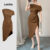 (NEW) Lovito Vestido Glamouroso Plissado com Zíper Marrom para Mulheres L155AD343