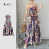 Lovito Vestido Boho Franzido de Estilo Nacional Primavera/verão para Mulheres L138ED206