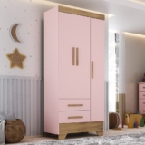 Guarda Roupa Infantil 3 Portas 2 Gavetas Rosa/Natural Tic Tac Espresso Móveis Rosa Fosco/Natural