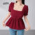 (Lovito Refine) Blusa Boho Natal Ano Novo Feriado Bordado Acabamento Alface Primavera/verão Blusa Vermelha LR21E014