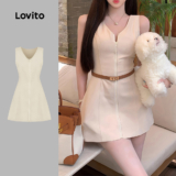 Lovito Vestido Casual com Zíper Primavera/verão Cáqui para Mulheres L164ED015