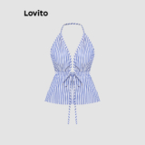 Lovito Top Vintage Listrado Franzido Verão/primavera Boho Férias Regata Para Mulheres L114AD122
