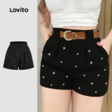 Lovito Shorts Casuais Pérolas Plissados Primavera/verão Shorts Pretos para Mulheres L178LD110