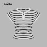 Lovito Camiseta Casual Listrada Franzida Para Mulheres LNE46342