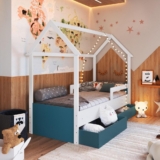 Cama Infantil Montessoriana Casinha Solteiro Menino Menina com Proteção Lateral e Gavetas com Rodas