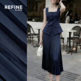 (Refine by Lovito) Elegantes Plissados com e Bolso Falso Saia Azul Marinho Primavera/verão para Mulheres LR32L021