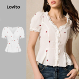 Lovito Blusa Casual de Renda com Botões Primavera/verão Blusa Branca para Mulheres L171ED115