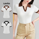 Lovito Camiseta Feminina De Primavera E Verão Casual Com Patchwork Gola Contrastante E Tecido Texturizado L121AD1107