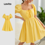 Lovito Vestido Feminino Casual com Amarração Primavera/verão Amarelo LBL33084