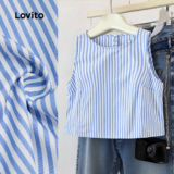 Lovito Casual Top Button Primavera/verão Azul Branco Top para Mulheres L178LD2208