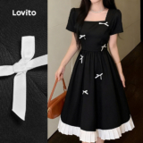 Lovito Vestido Fofo Plissado com Laço Colorido Primavera/verão Preto e Branco para Mulheres. L173AD231