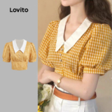 Lovito Blusa Casual xadrez Colorblock pérolas para mulheres L129ED598