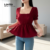 Blusa Vermelha Bordada Acabamento Alface Primavera/verão Boho Natal Ano Novo LR21E014