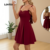 Lovito Vestido Sofisticado para Festa de Natal com Laço Traseiro e Decote V Vermelho Primavera Verão Feminino LBL30259