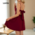 Lovito Vestido Sofisticado para Festa de Natal com Laço Traseiro e Decote V Vermelho Primavera Verão Feminino LBL30259