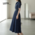 Lovito Refine Vestido Feminino Elegante Evangélico Com Botões Frontais E Zíper Azul Escuro Para Primavera Verão LR23L066